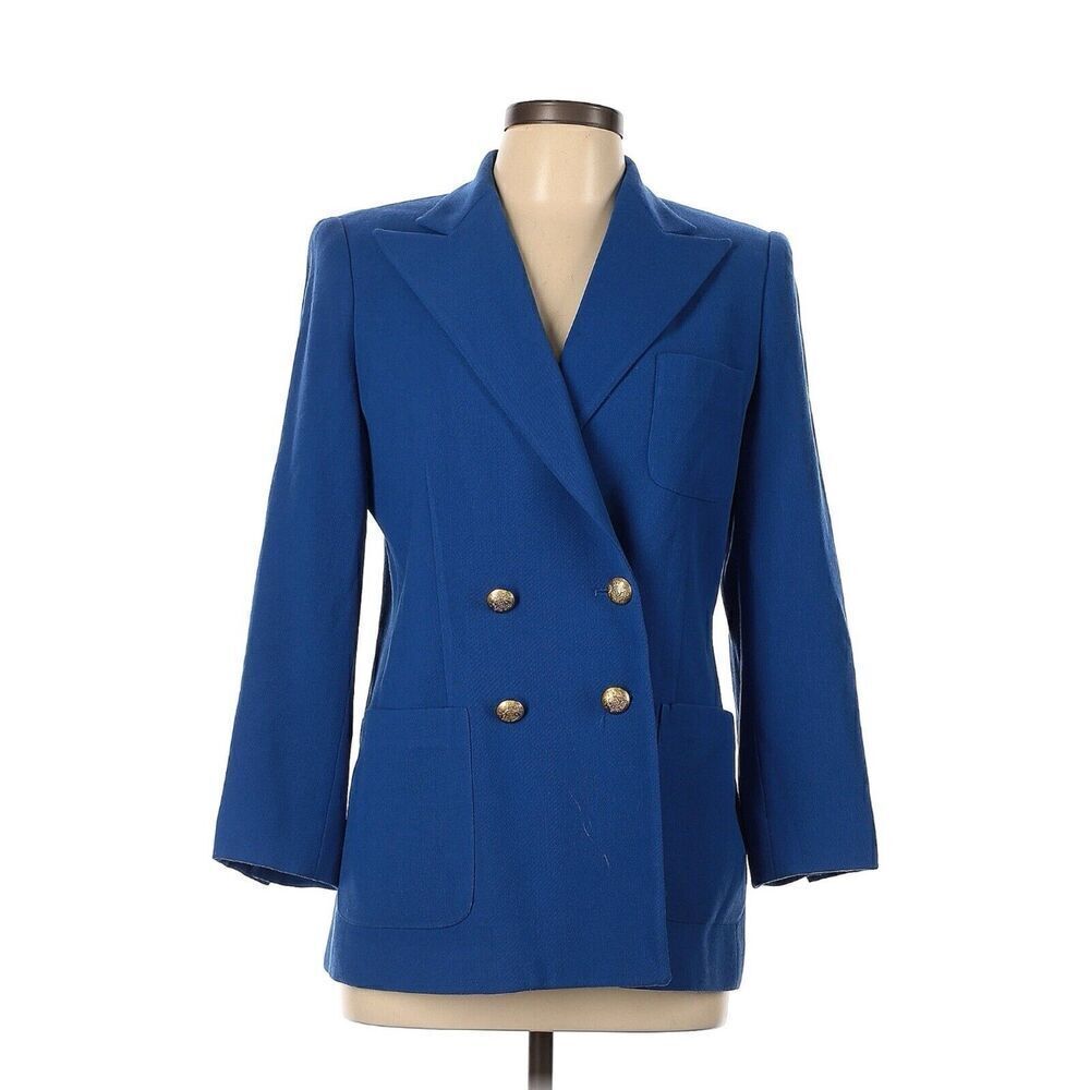 Ralph Lauren Vintage Ivory Double Breasted Blazer Wool Notch Collar Size 12 Blue